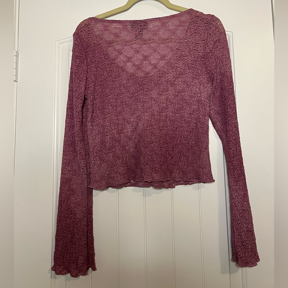 Y2K Sheer Lace Tie Front Top Pink Lettuce Hem Long Sleeve Boho Whimsygoth Fairy - Picture 3 of 6